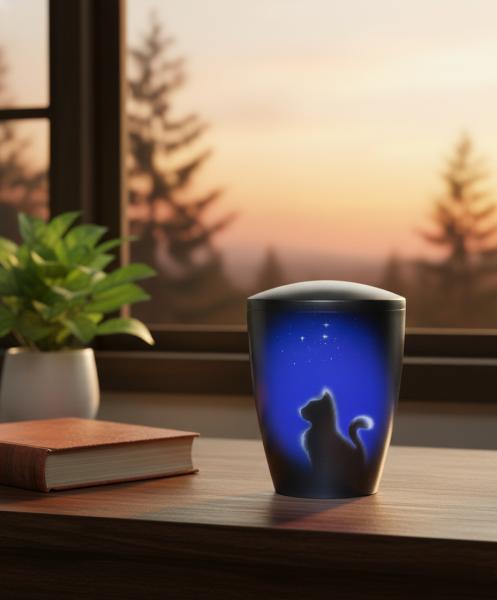 Dark blue pet urn with cat and starry sky silhouette. A calming, dignified keepsake for your beloved darling. Create a stylish memorial at home – order yours today.